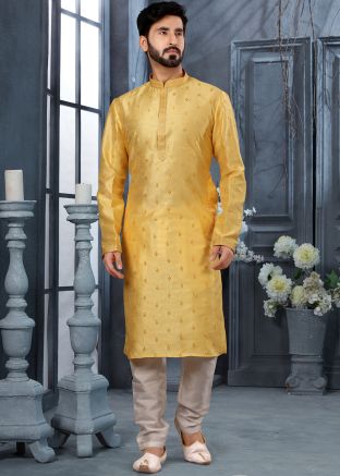 Yellow Embellished Kurta With Churidar In Silk
