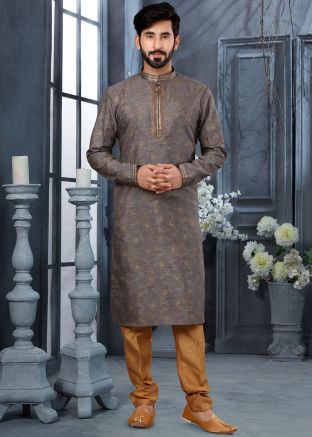 Grey Digital Printed Kurta Pajama In Silk