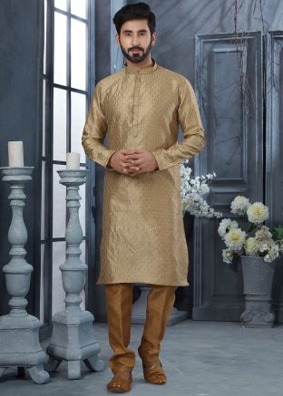 Beige Embroidered Kurta Pajama In Jacquard