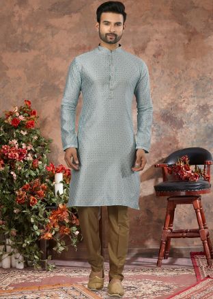 Blue Mens Kurta Pajama In Woven Design