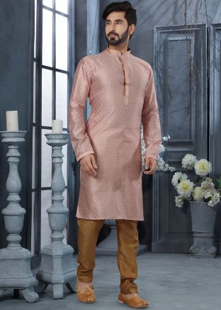 Mens Pink Zari Woven Kurta Pajama