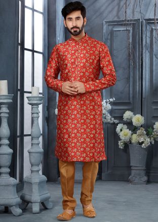 Red Digital Printed Mens Kurta Pajama Set