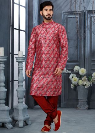 Pink Digital Printed Kurta Pajama For Men
