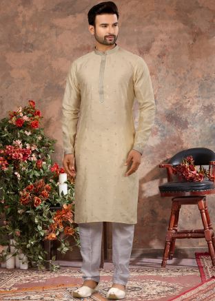 Cream Embroidered Kurta With Churidar