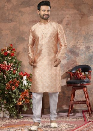 Orange Mens Kurta Pajama In Digital Print