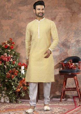 Yellow Mens Kurta Pajama In Chikankari Embroidery