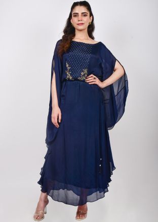 Navy Blue Embellished Kaftan In Crape
