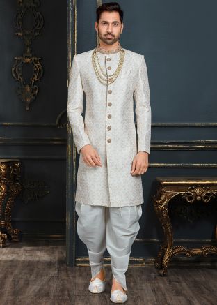 Off White & Cream Embroidered Sherwani With Dhoti