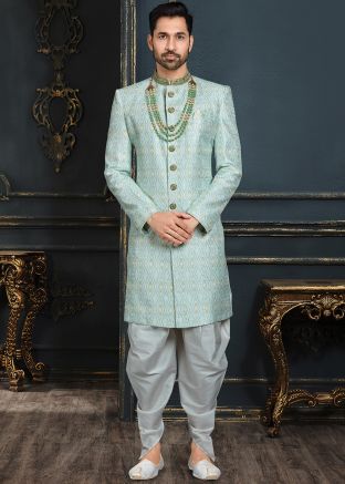 Blue Embroidered Sherwani Dhoti Set In Jacquard