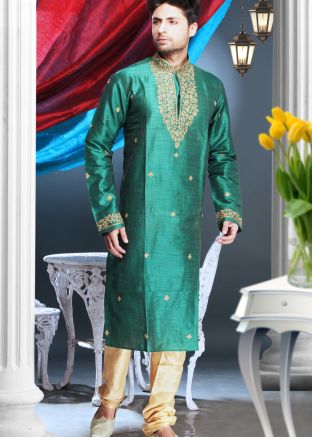 Readymade Green Art Silk Kurta Pyjama