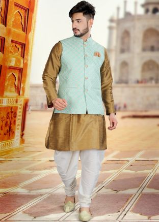 Golden Kurta Dhoti Set With Embroidered Jacket