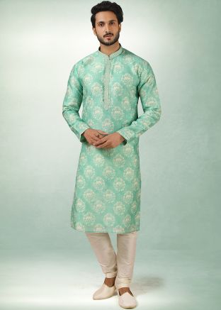 Printed Green Readymade Mens Kurta With Pajama