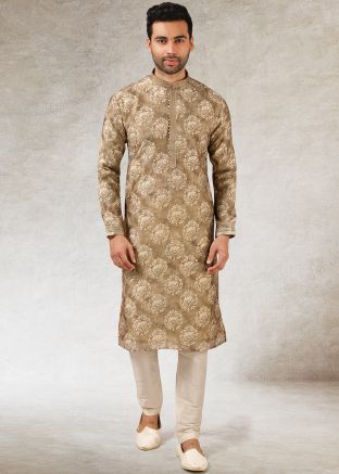 Brown Printed Readymade Kurta Pajama For Men