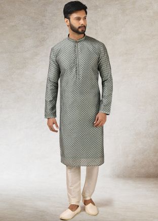 Readymade Grey Printed Kurta With Plain Churidar