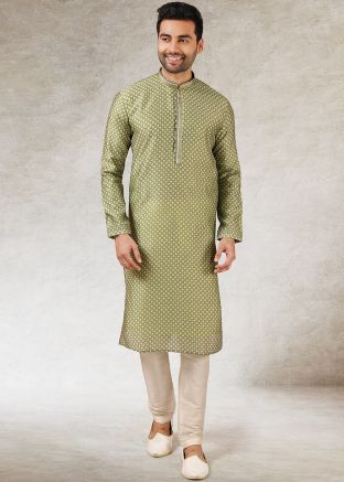 Readymade Churidar With Green Art Silk Kurta