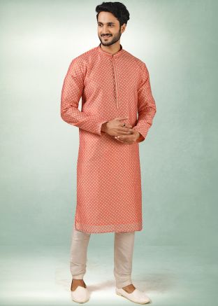 Red Readymade Printed Mens Kurta & Churidar