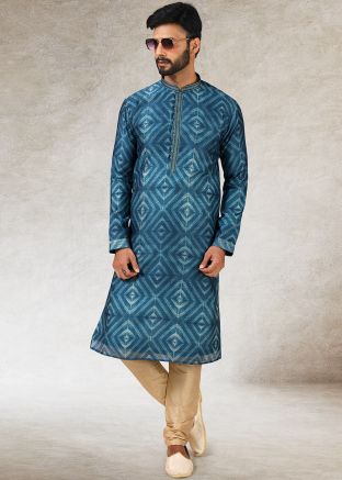 Blue Readymade Mens Kurta Pajama In Straight Cut