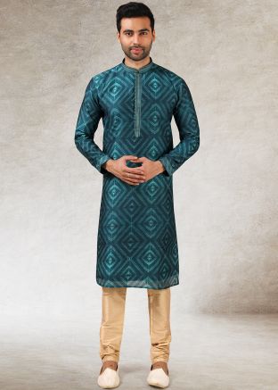 Green Printed Mens Kurta With Readymade Churidar