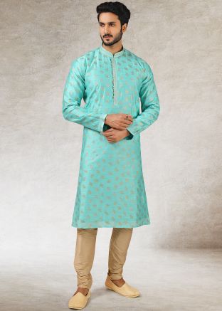 Readymade Printed Art Silk Kurta Pajama In Turquoise