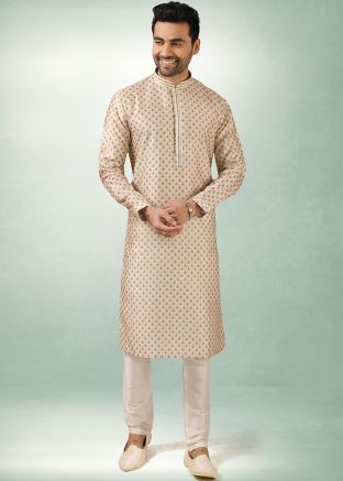 Beige Mens Readymade Kurta Pajama In Art Silk