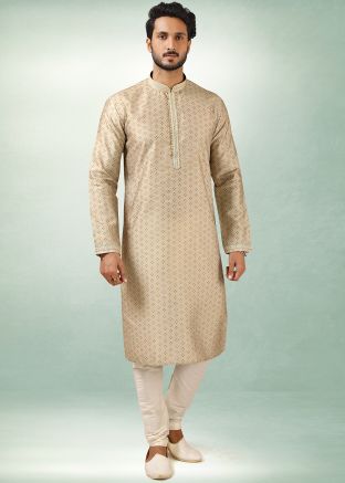 Printed Beige Readymade Straight Kurta With Churidar