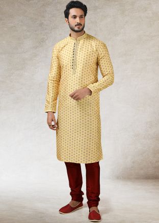 Yellow Readymade Printed Art Silk Kurta Pajama