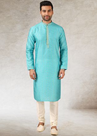 Plain Churidar With Printed Blue Readymade Kurta
