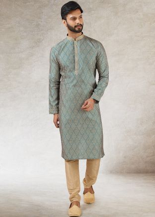 Green Readymade Mens Kurta Pajama In Art Silk