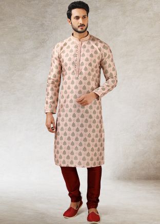 Printed Peach Readymade Kurta With Plain Pajama