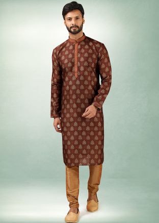 Brown Readymade Art Silk Kurta With Churidar