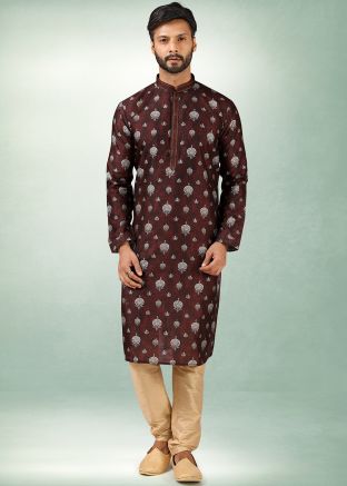 Art Silk Maroon Readymade Kurta Pajama For Men
