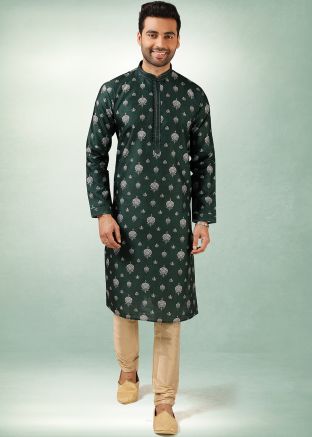 Green Readymade Straight Kurta With Plain Churidar