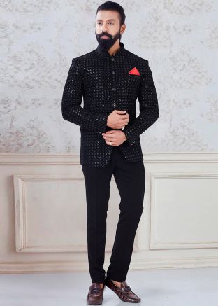 Black Embroidered Velvet Bandhgala Jhodpuri Suit