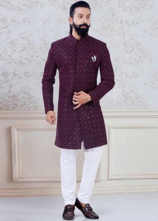 Magenta Readymade Embroidered Indo Western Sherwani