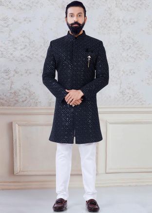 Black Embroidered Indo Western Sherwani With Pant
