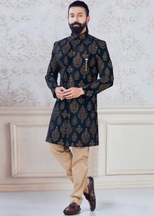 Green Embroidered Indo Western Sherwani Set