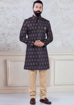 Navy Blue Embroidered Indo Western Sherwani