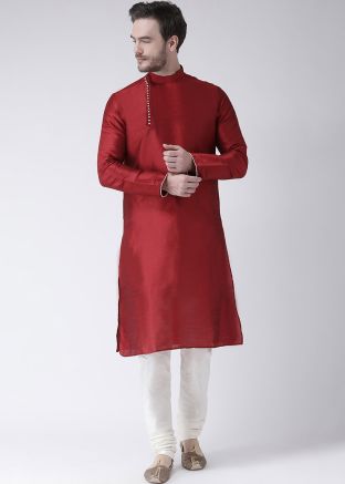 Maroon Straight Cut Dupion Silk Kurta Churidar Set