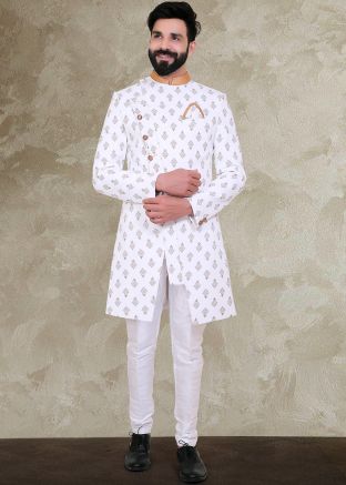 White Printed Indo Western Sherwani With Pant