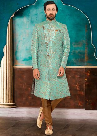 Blue Zari Woven Readymade Sherwani Churidar Set