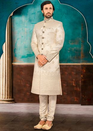 Readymade Cream Embroidered Sherwani Set