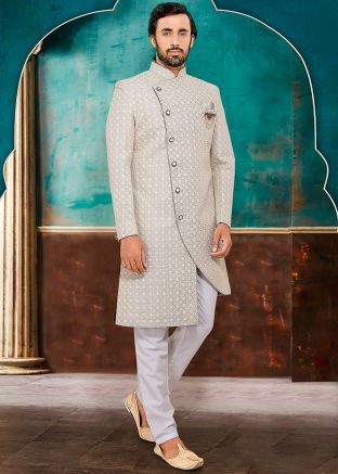 Grey Asymmetric Embroidered Indo Western Sherwani Set