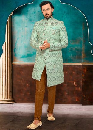 Green Chikankari Embroidered Indo Western Sherwani Set