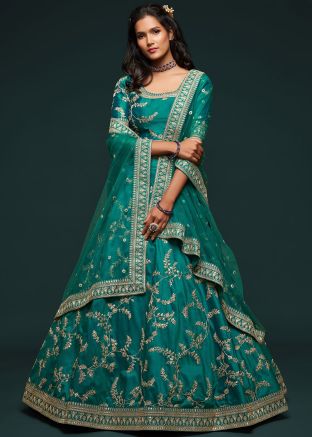 Green Embroidered Art Silk Lehenga Choli With Dupatta