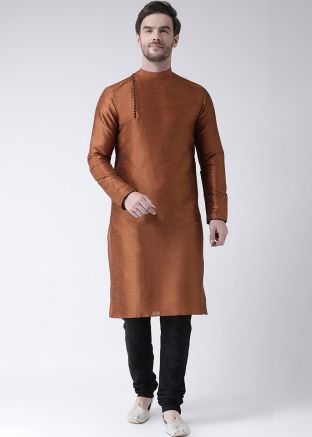 Readymade Brown Dupion Silk Kurta With Churidar