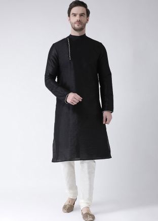 Black Dupion Silk Readymade Kurta Churidar Set