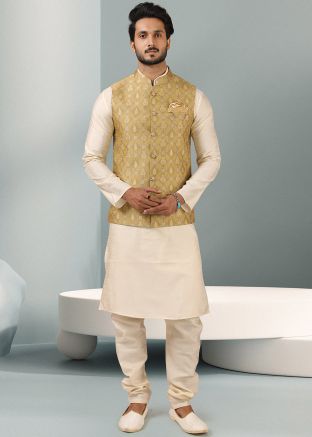 Off White Silk Readymade Kurta Pajama With Jacket