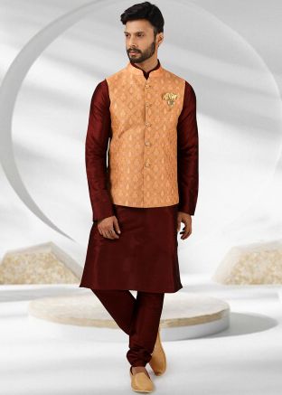 Maroon Readymade Kurta Pyjama And Jacket Set