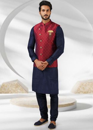 Blue Readymade Kurta Pajama With Woven Jacket