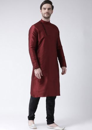 Maroon Straight Cut Dupion Silk Kurta Churidar Set